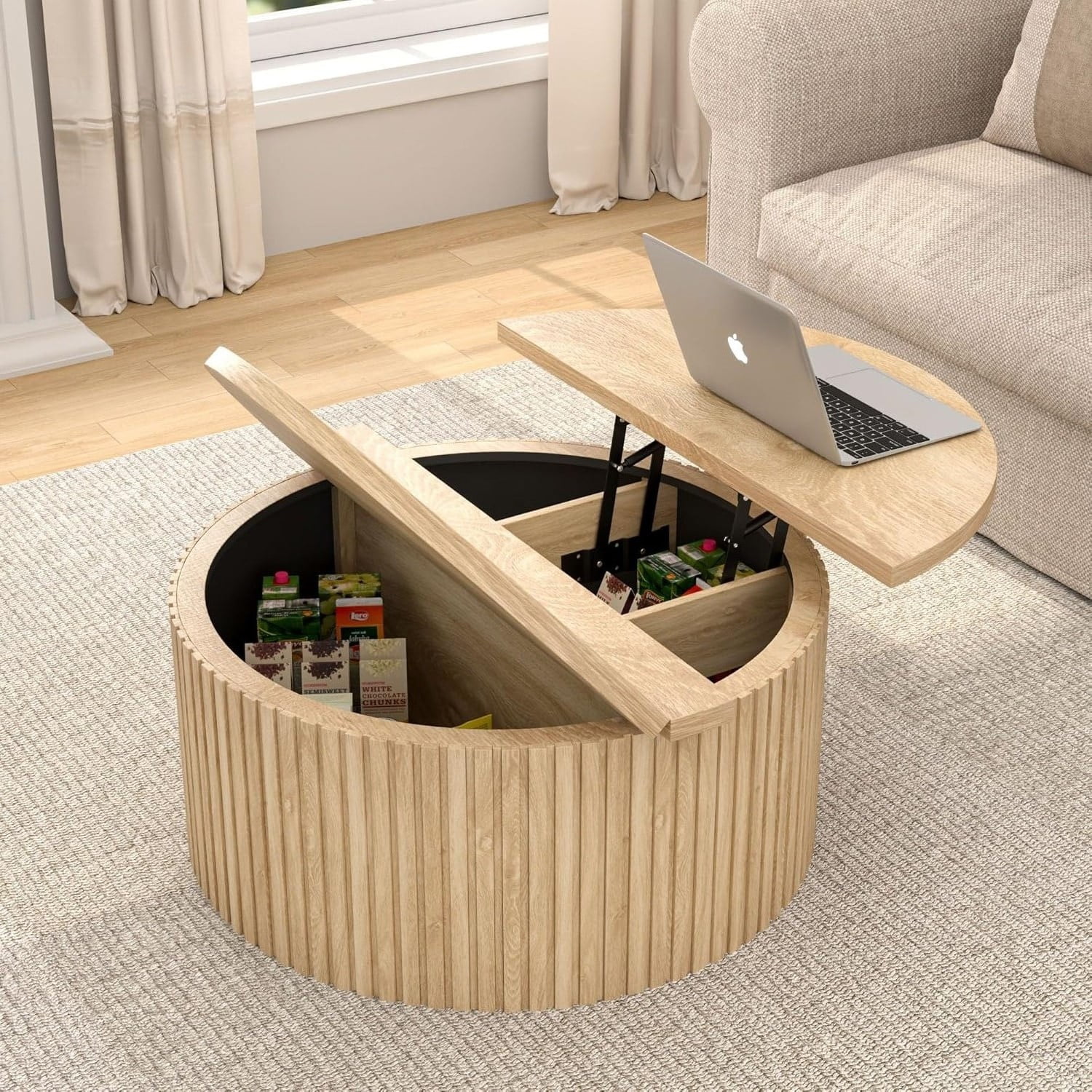 Round Coffee Table for Living Room, Farmhouse Lift Top Coffee Table, Fluted Center Table with Storage (Wood)