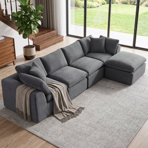 138'' Corduroy Sectional Sofa with Ottoman, 4 Seater Modern Boneless Cloud Couch for Living Room, No Assembly Required, Dark Gray
