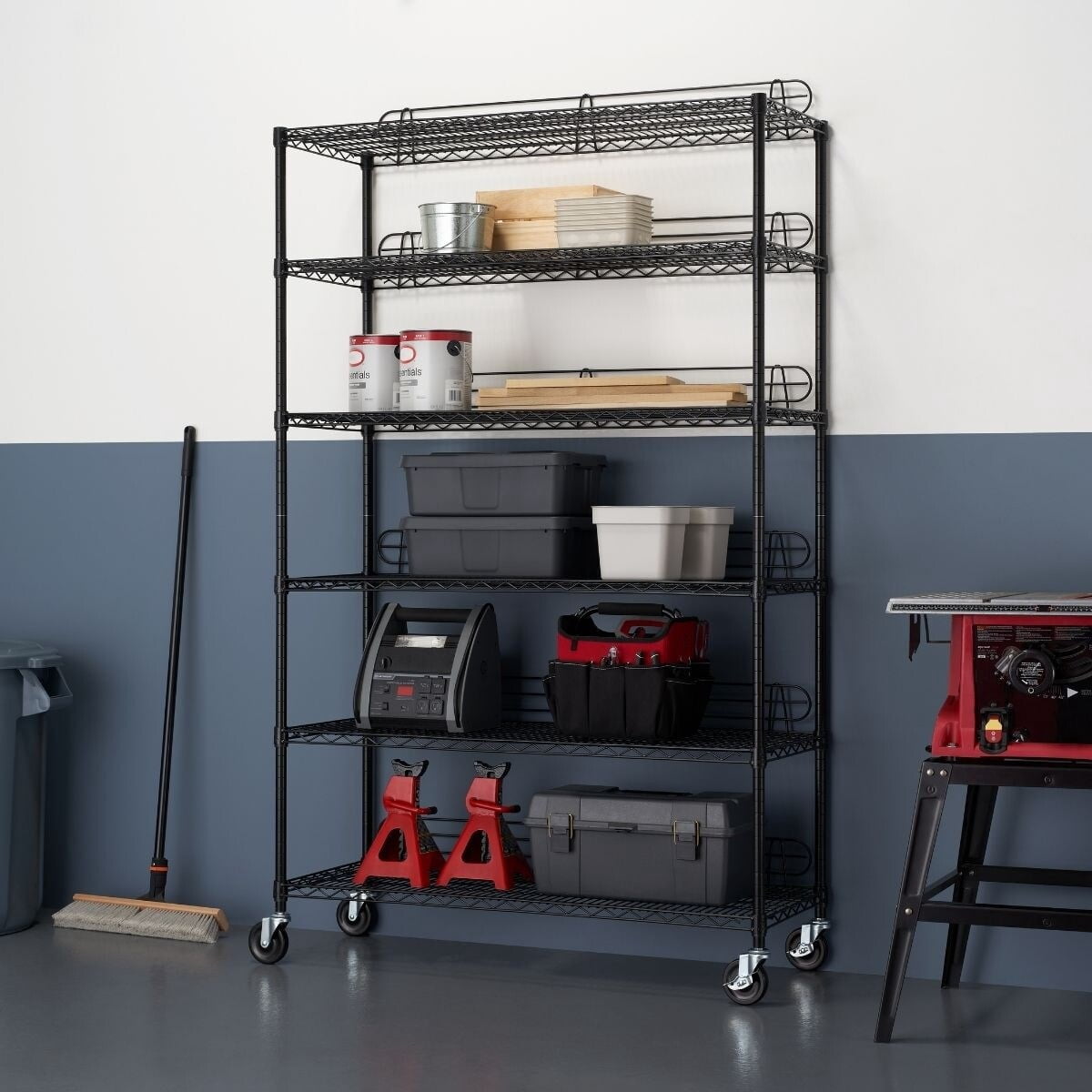 TRINITY 6-Tier 48x18x72 Commercial Wire Shelving w/ Backstands & Wheels, NSF - Black