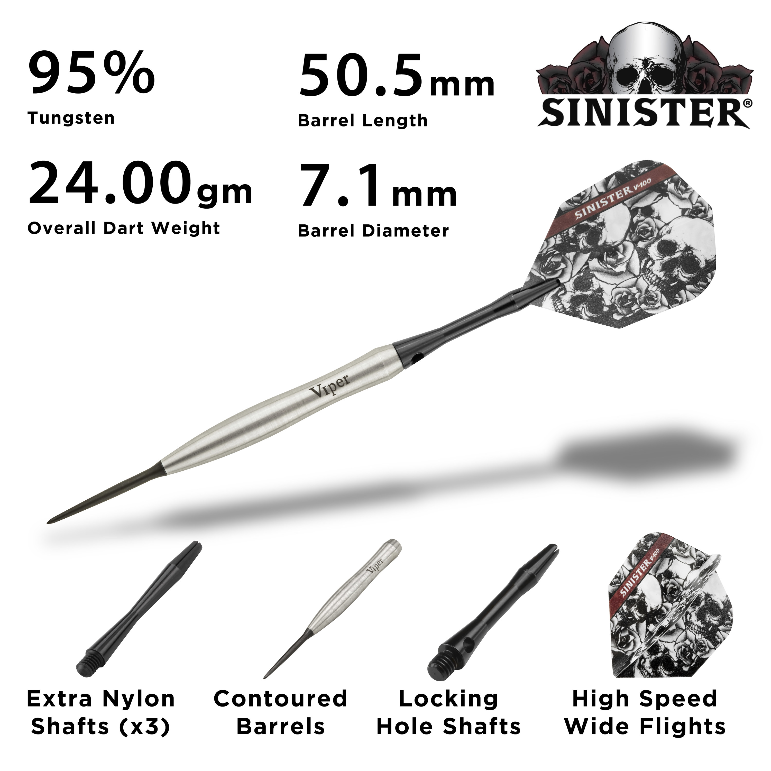 Viper Sinister 95% Tungsten Professional Steel Tip Dart Set, 24 Grams