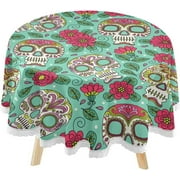 SKYSONIC Sugar Skull Flowers Round Tablecloth 60inch Indoor Wrinkle Free, Dead of Mexico Day Circular Lace Table Cover Washable for Kitchen Party BBQ Dining Decor