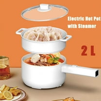 Non-Stick Electric Hot Pot with Steamer, 2L Ramen Cooker with Dual Power Control Rapid Noodles Cooker Pan 5 Modes Portable Pot For Dorm, Office, Travel, White