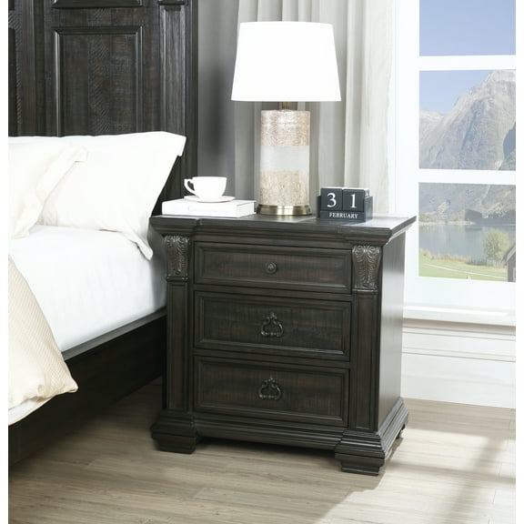 Farson Distressed Dark Walnut Finish Wood 3-Drawer Nightstand