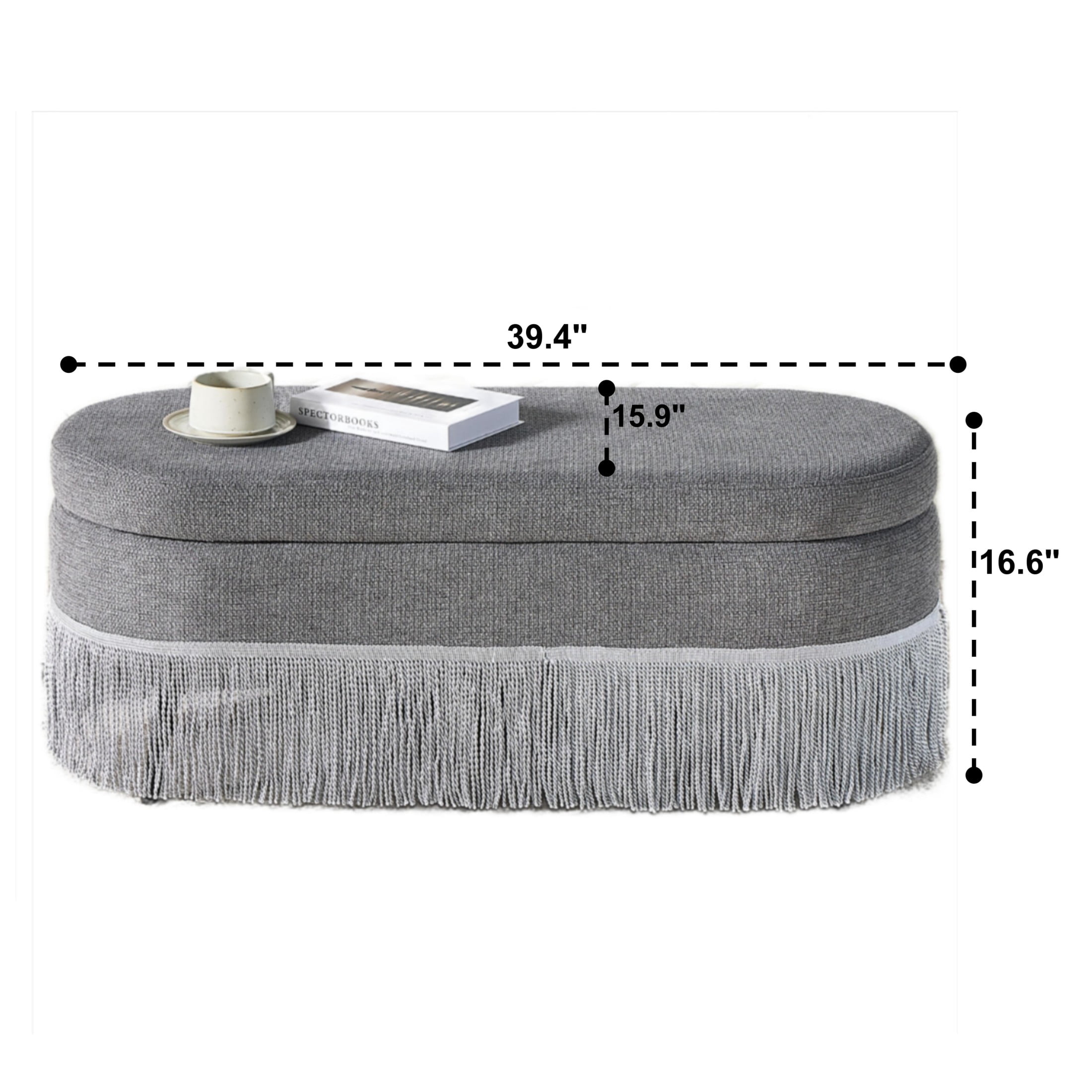 Noble House Ciara 39" Oval Upholstered Storage Ottoman, Lift Top Bench with Boho Fringe Trim, Multi-Functional Footrest, Gray