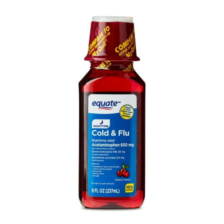 Equate Nighttime Cold and Flu Relief Liquid, Cherry Flavor, 12 fl oz, Compare to Vicks® Nyquil® Cold & Flu Active Ingredients