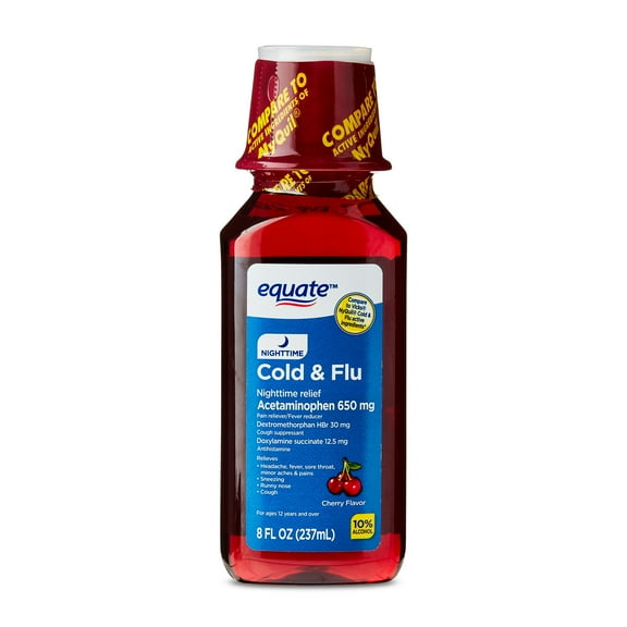Equate Nighttime Cold and Flu Relief Liquid, Cherry Flavor, 12 fl oz, Compare to Vicks® Nyquil® Cold & Flu Active Ingredients
