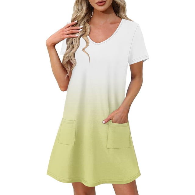 Vestido Corto de Verano Moda Gradiente Corto de Manga en V Cuello Vestido Casual, Poliéster Ligero de Verano, Lavado de Manos