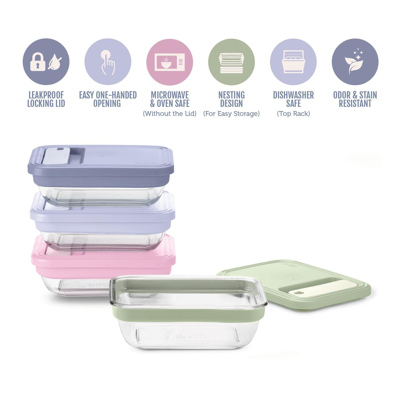 Ello Fresh Stack Glass 3.7cup 8piece Meal Prep Set, Designed to Help with Everyday Organization, and Meal Preparation