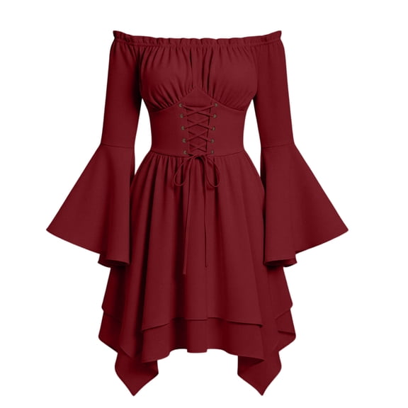 Dresses for Women Trendy One Shoulder Batwing Long Sleeve Ruffle Hem Medieval Halloween Dress