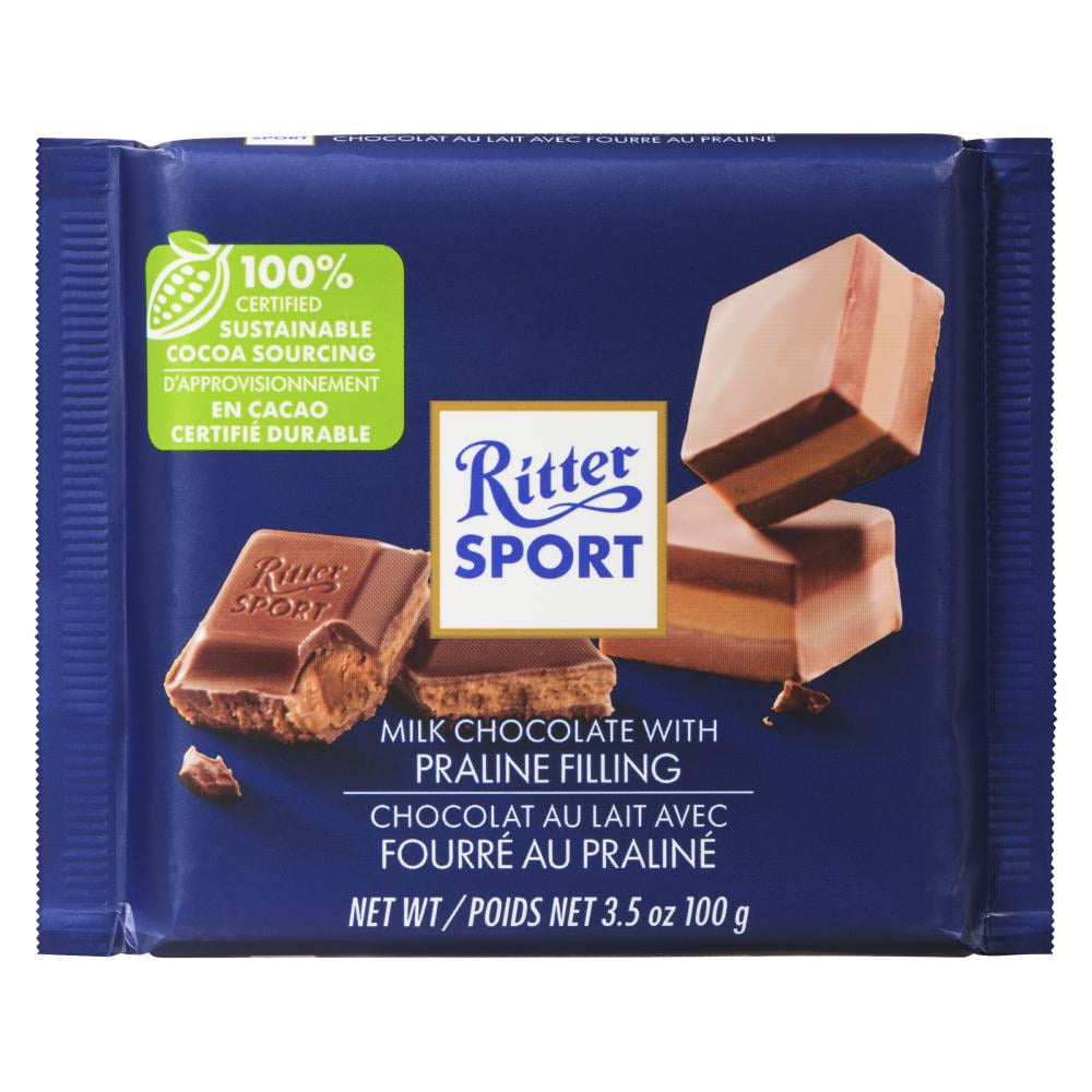 Ritter Sport Milk Chocolate with Praline, Ritter Sport Milk Chocolate with Praline is a smooth and nutty delight. Creamy Alpine milk chocolate envelops a rich, velvety praline filling made from finely ground hazelnuts, creating a perfectly balanced blend of sweetness and nuttiness. A luscious treat for praline and chocolate lovers alike!