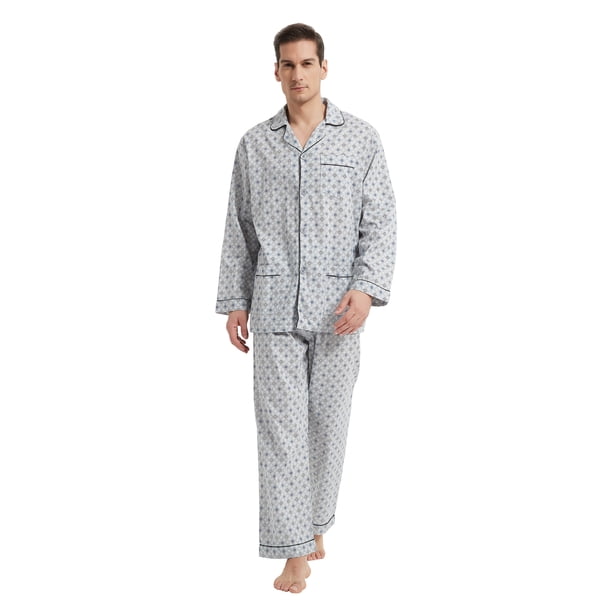 GLOBAL Conjuntos de Pijamas de Algodón para Hombre, Ropa de Dormir de Manga Larga con Botones, Ropa de Dormir Cómoda, Conjunto de Pijama Suave Elegante Gris L