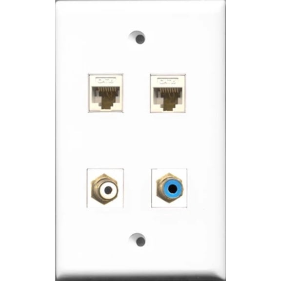 RiteAV 1 Port RCA White and 1 Port RCA Blue 2 Port Cat6 Ethernet White Wall Plate