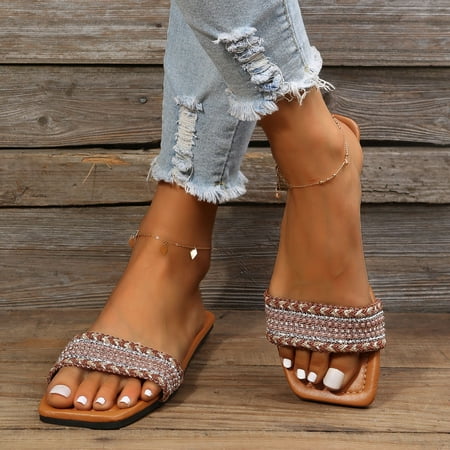 

PhoneSoap Women Slippers Flat Beaded Fringe Slippers Square Headband Beach Sandals Fairy Fashion Slippers Flat Open Toe Slippers Summer Slippers Brown