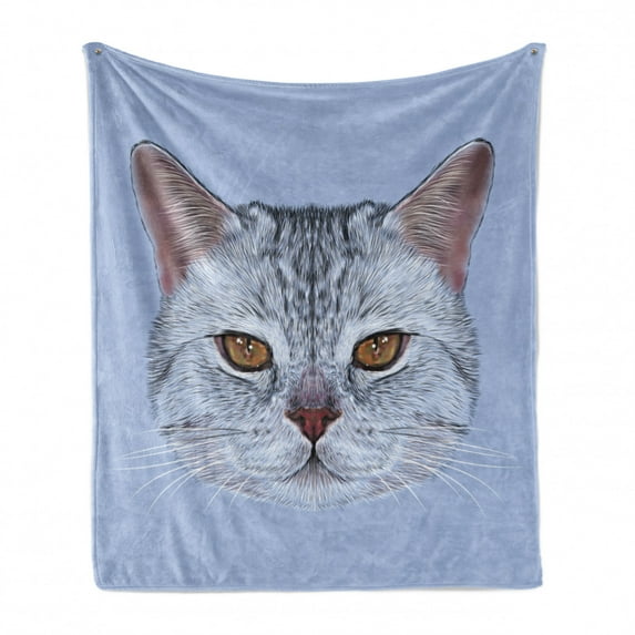 Cat Soft Flannel Fleece Throw Blanket, Scottish Straight Kitty Portrait Pet Companion Hipster Animal Graphic, Cozy Plush for Indoor and Outdoor Use, 60" x 80", Pale Grey Baby Blue, by Ambesonne
