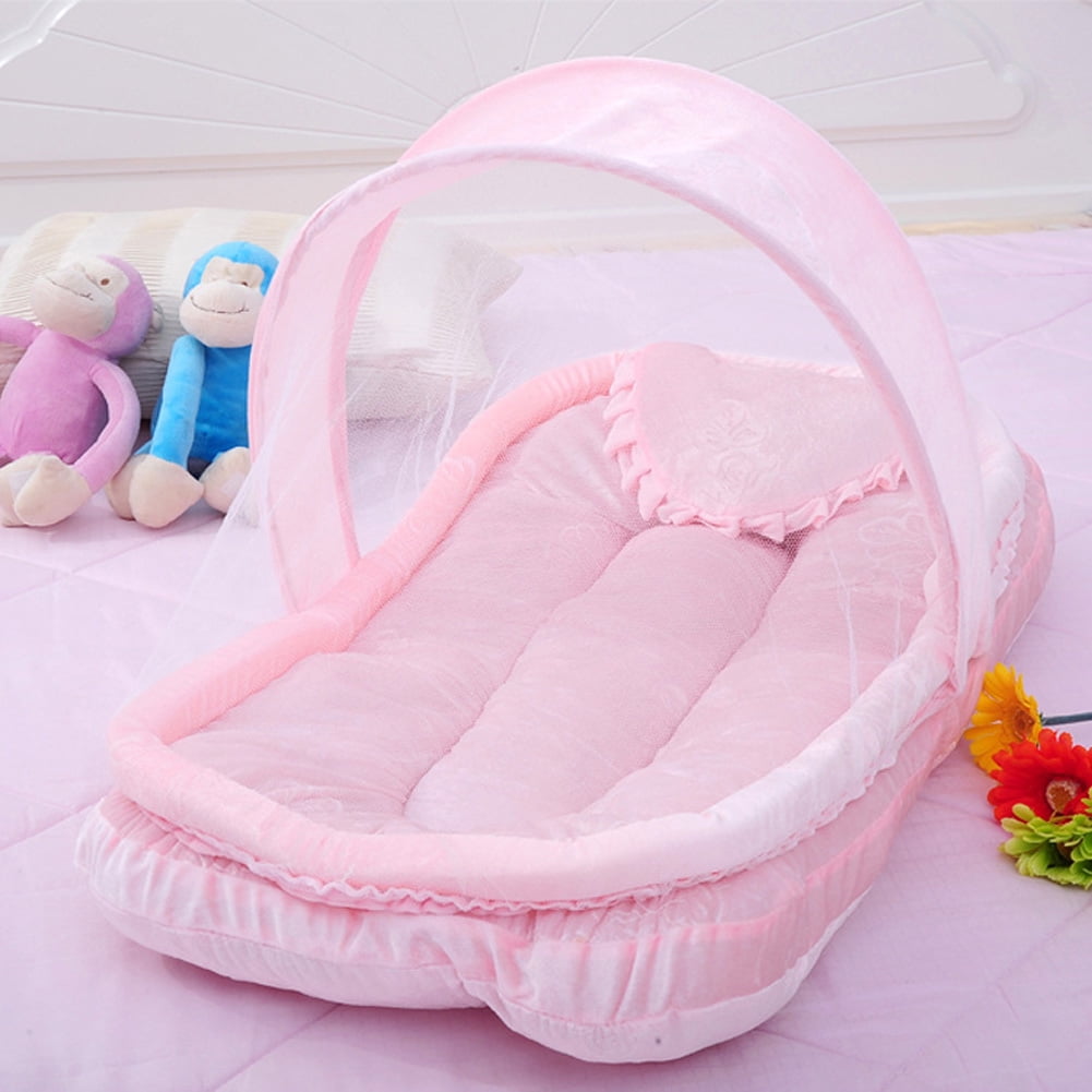 Amyove Breathable Baby Mosquito Net Foldable Crib Bed With Pillow Portable Travel Bed For Babies Pink