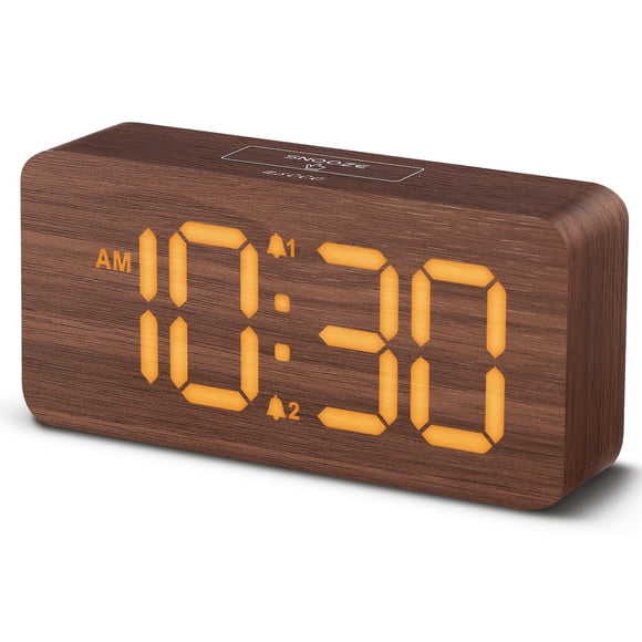 uscce Despertadores digitales de madera para dormitorios: Reloj despertador dual regulable con números grandes para mesita de noche - Marrón