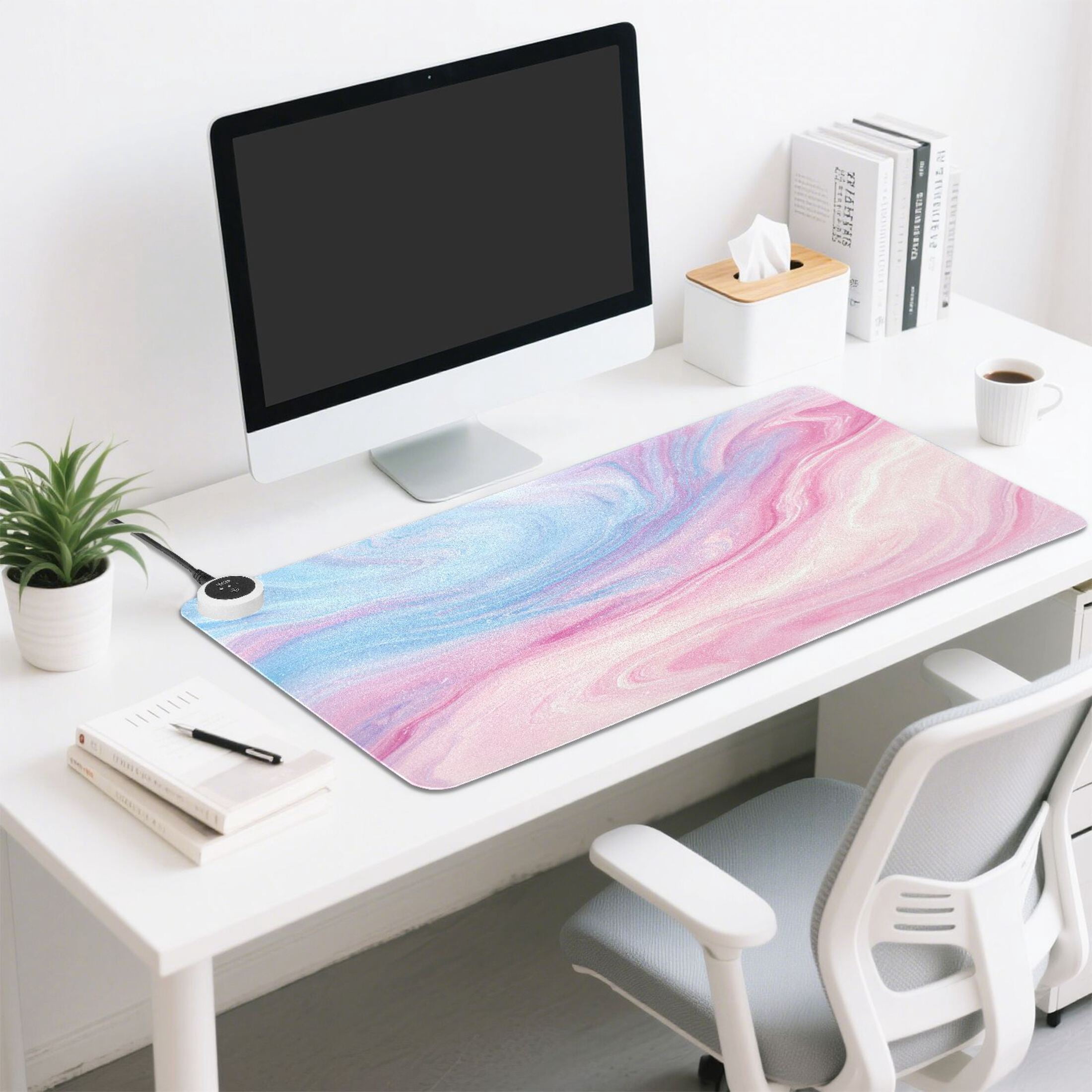 Large Heated Desk Mat Mouse Pad 31.5"x13"PU Leather Graphene Heating Desk Warmer with 3 Temperature Settings 110V US Plug Non-Slip Warm Pad for Home, Office, and Gaming Dreamy Swirl Galaxy Print