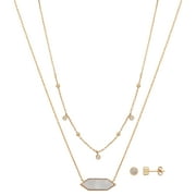 14kt Gold-Flash Plated Cubic Zirconia and Genuine Mother of Pear Layered Pendant Necklace and Earring Set