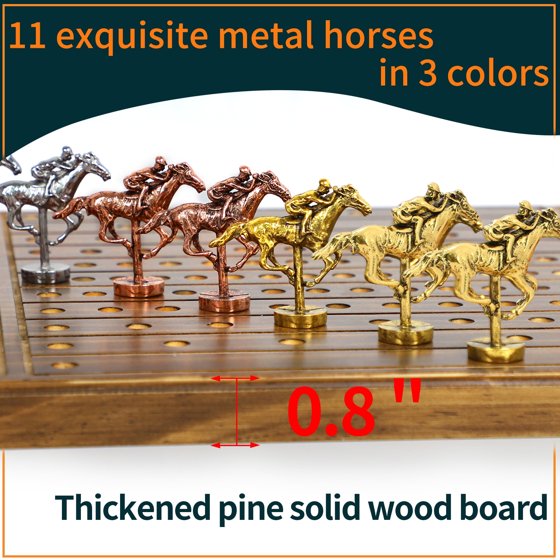 Grhonior Horse Race Board Game Oval Thickened Solid Wood with 11 Luxurious Metal Horses 21 x 11.8 x 0.8inch