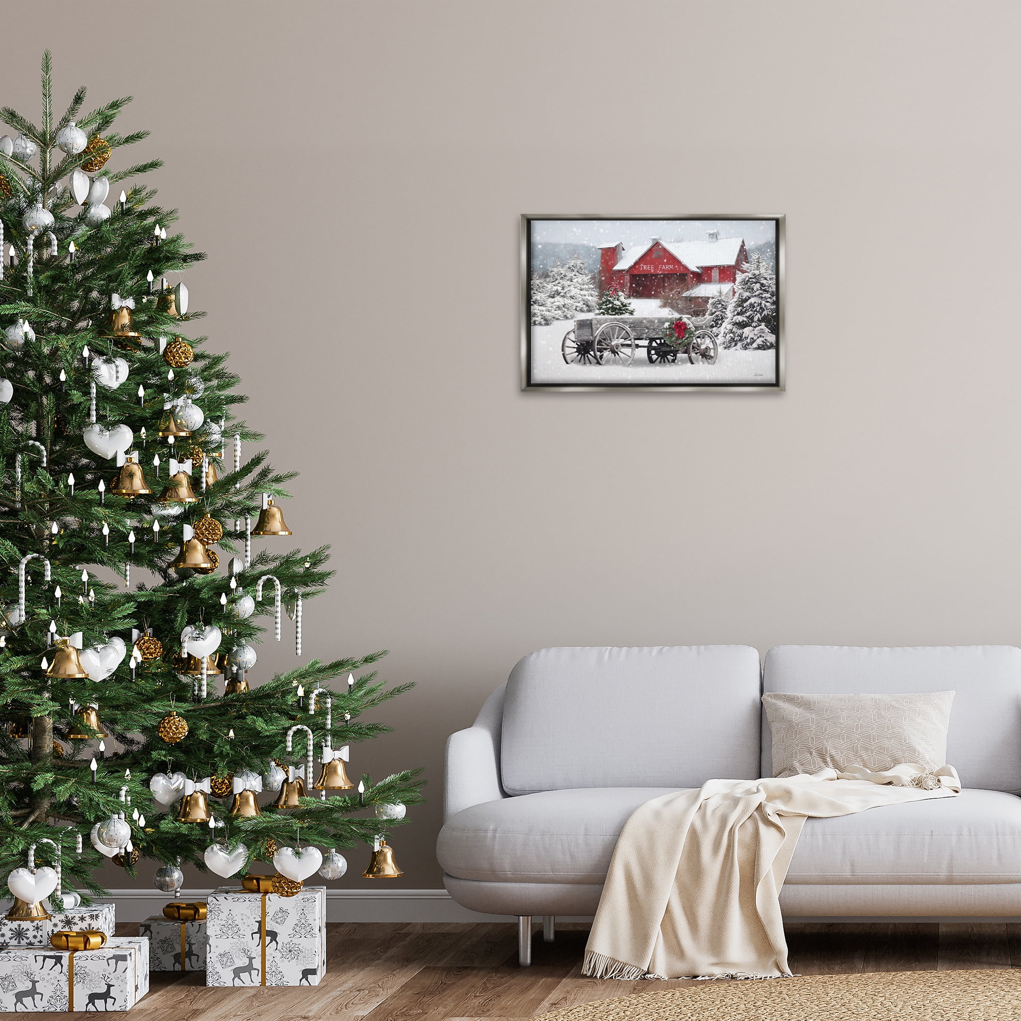 Stupell Industries Winter Wagon & Barn Holiday Painting Gray Floater Framed Canvas Art Prints Wall Art, 25 x 17