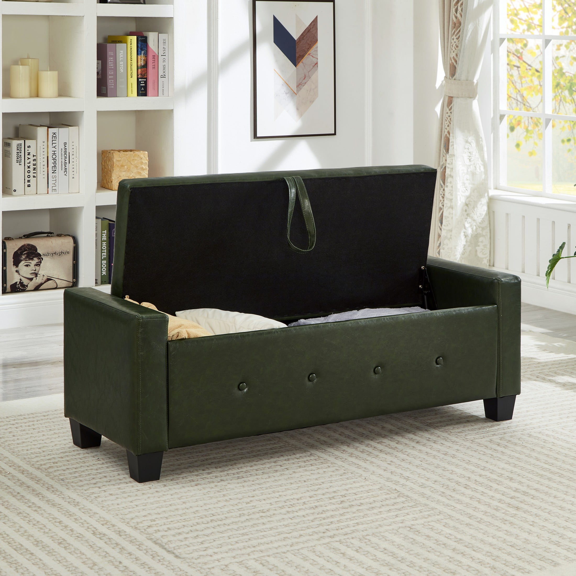 Aukfa 48" Storage Ottoman Bench with Safety Hinges, Upholstered Tufted Faux Leather Bench for Bedroom, Living Room & Entryway, Dark Green