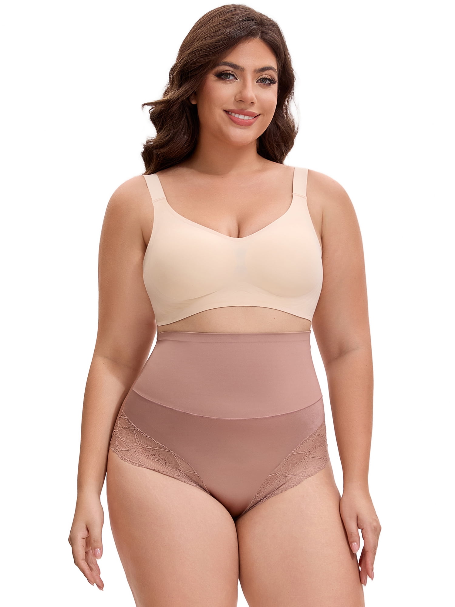 Unique Bargains Lace Trimmed High Waisted Tummy Briefs 3XL Coffee