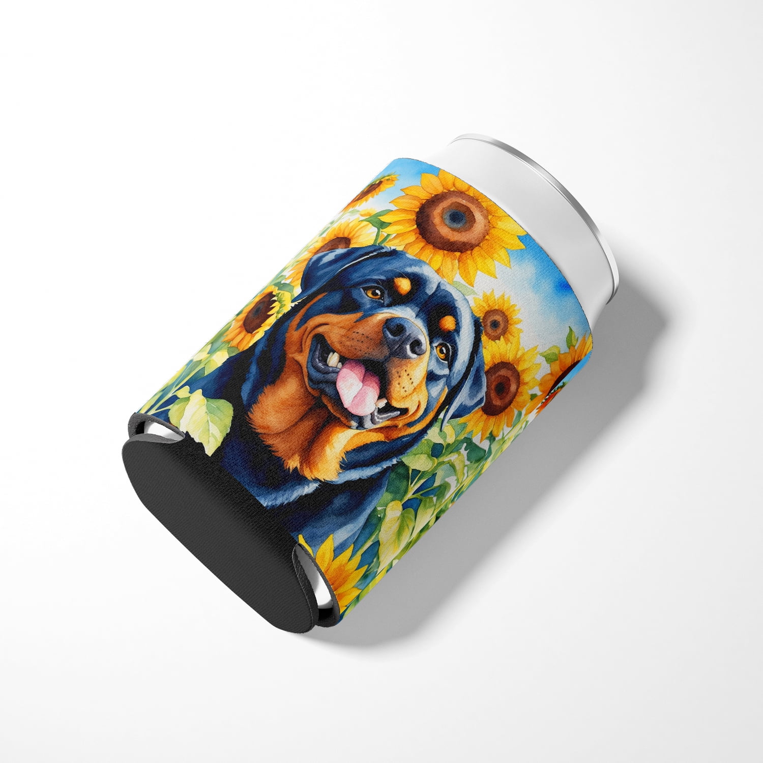 Rottweiler in Sunflowers Can or Bottle Hugger 3 in x 5 in
