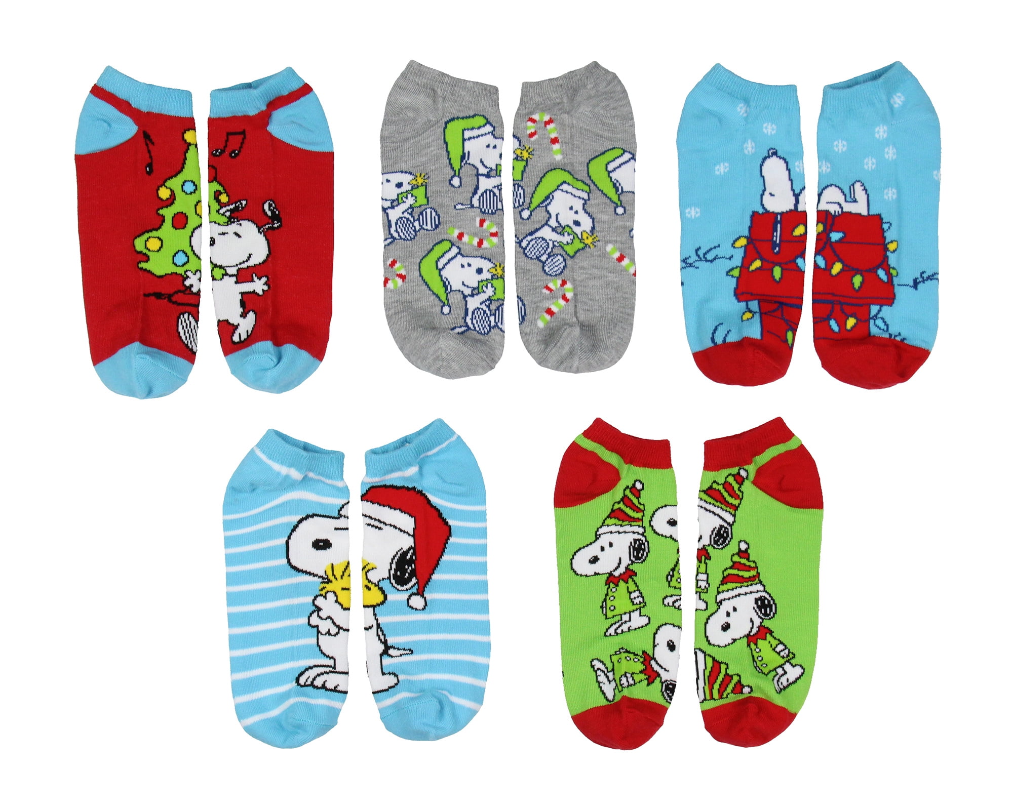 Peanuts Snoopy Women's Holiday Inspired Mix and Match 5-Pack Adult No-Show Ankle Socks Shoe Size 4-10