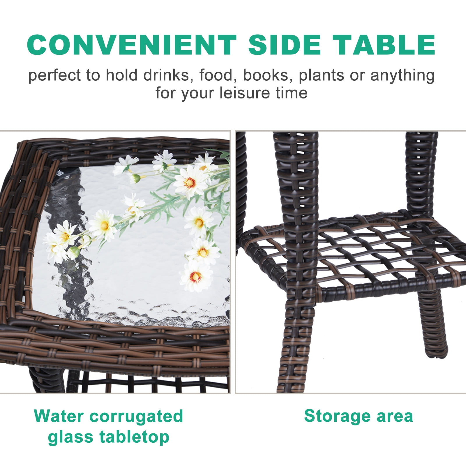 Wicker Side Table with Glass Table Top, Square PE Rattan Outdoor End Table for Patio, Garden, Poolside, Deck w/UV-Resistant Frame, Storage Space, Brown