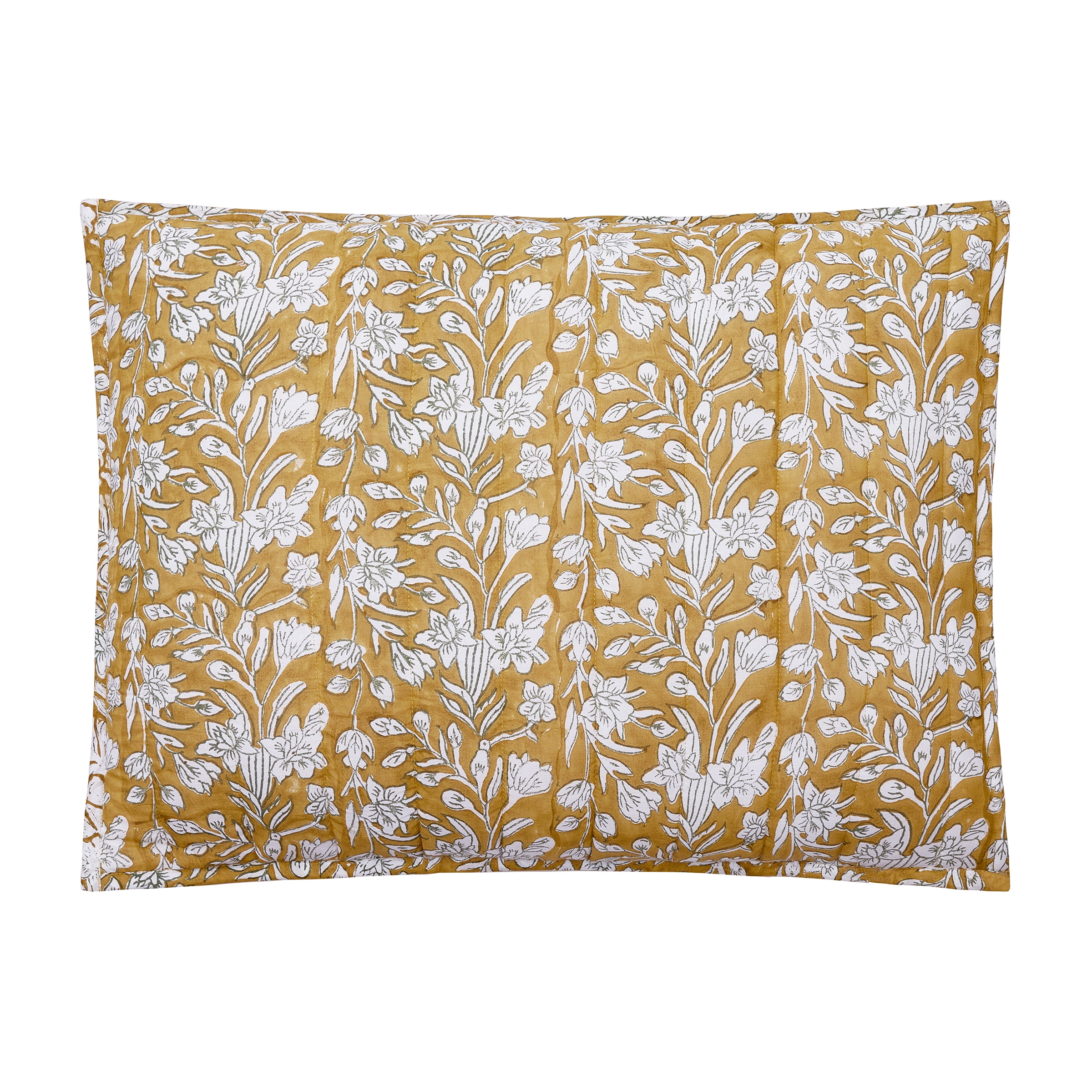 Laurel & Mayfair Block Print Sketched Floral Gold 3-Piece Cotton Voile Quilt Set, Full/Queen