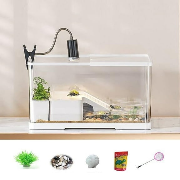 Rechale Turtle Tank, Turtle Aquarium with Basking Platform and Bottom Drainage,Basking Lamp & 9-in-1 Starter Kit (Decorative Plants Included) for Turtles, Crayfish, Crabs, Amphibians, Reptiles