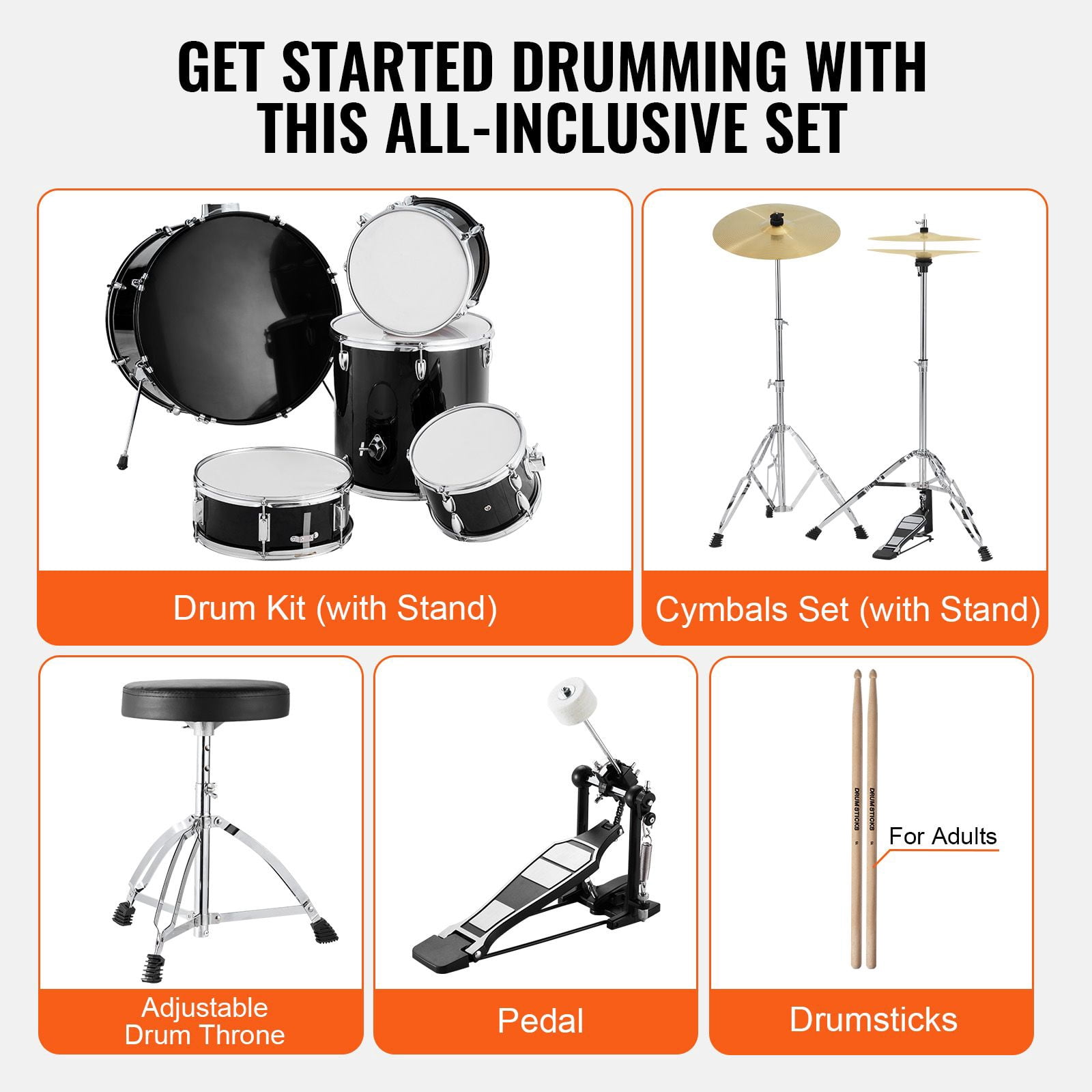 Adult Drum Set, 5-Piece 22 inches Complete Full Size Drum Kit with Bass Toms Snare Floor Drum Adjustable Throne Stands Cymbal Hi-Hat Pedal and Drumsticks, Beginner Drum Kit for Adults, Black