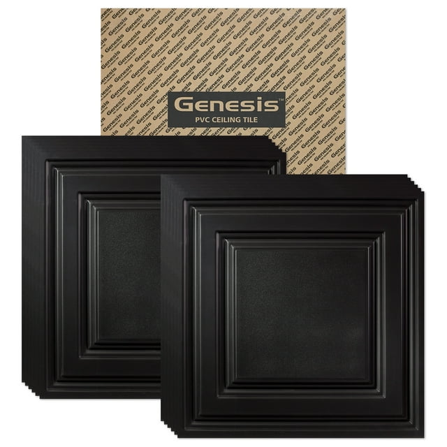 Genesis 2ft x 2ft Black Icon Relief Ceiling Tiles - Easy Drop-in Installation - Waterproof, Washable and Fire-Rated - High-Grade PVC to Prevent Breakage - Package of 12 Tiles
