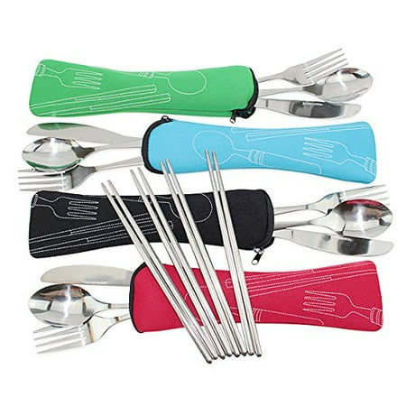 Cutlery Carrying Case (Set of 4 / 4 Piece Stainless Steel(Knife, Fork, Spoon, Chopsticks)Lightweight Portable Tableware,Camping/Travel/Office Lunch Cutlery Set with Carrying Cases)