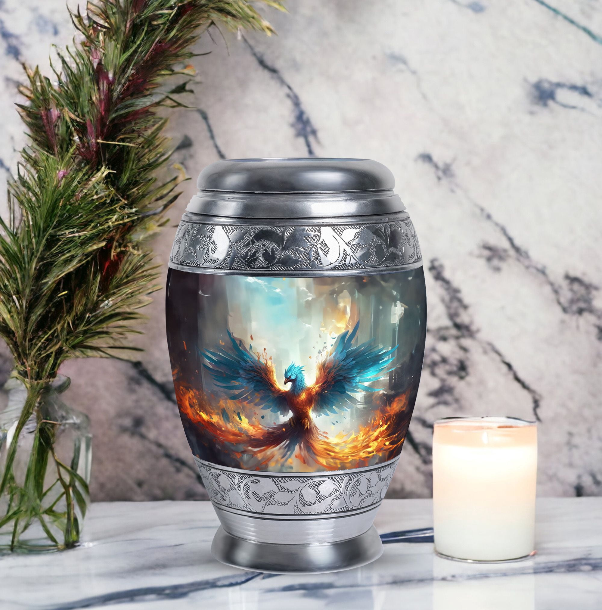 Yellow And Blue Phoenix Spreading Wings Large Urns For Human Ashes Adult - Cremation Urn Human Ashes - Memorial Urns For Human Ashes Adult Female & Male - Burial Ashes Urn (Size -10")
