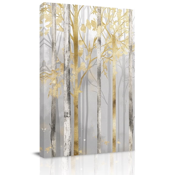 Canvas Wall Art, Golden Grey Tree Framed Canvas Prints for Bedroom Living Room, Oil Painting Forest Abstract Art Large Gallery Wrapped Wall Decor for Home Office, Gifts, 18"x24" Ship Next Day