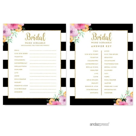 Word Scramble Floral Gold Glitter Wedding Bridal Shower Game Cards, 20-Pack
