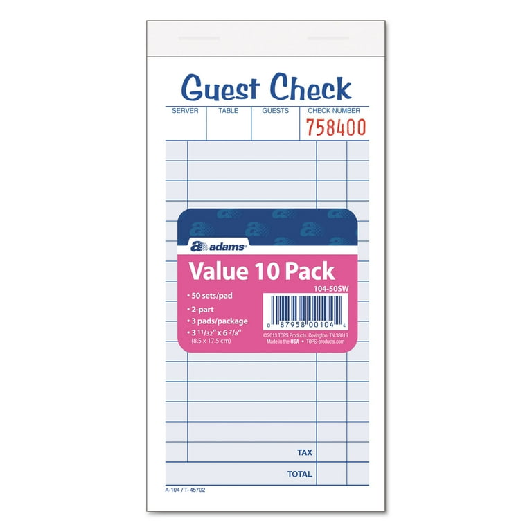 Guest Check Pad, Two-Part Carbonless, 6.38 x 3.38, 50 Forms Total Guest Check Pad, Two-Part Carbonless, 6.38 x 3.38, 50 Forms Total