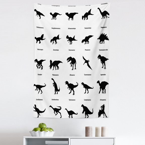 Dinosaur Tapestry, Composition Different Dinosaurs Silhouettes Their Names Evolution Wildlife, Fabric Wall Hanging Decor for Bedroom Living Room Dorm, 5 Sizes, Black White, by Ambesonne