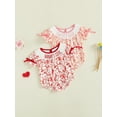 thumbnail image 3 of BemeyourBBs Newborn Baby Girl Summer Clothes Smocked Bubble Romper Sweet Girl Short Sleeve Bow Print Letter Embroidery Bodysuit, 3 of 9