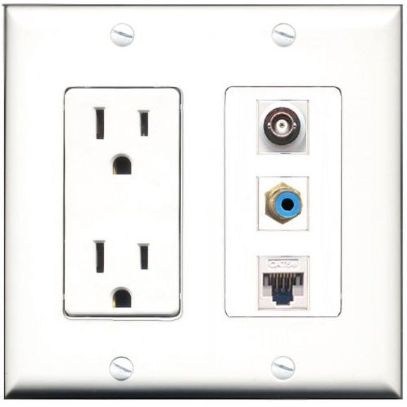 RiteAV - 15 Amp Power Outlet 1 Port RCA Blue 1 Port BNC 1 Port Cat5e Ethernet White Decorative Wall Plate