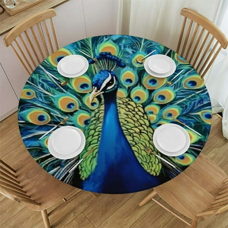

SHERONV Peacock Feathers Round Table Cover Stain Resistant Washable Indoor Outdoor Tablecloth Kitchen Dining Wedding Parties 100% Polyester Waterproof Fabric 31 -35
