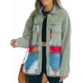thumbnail image 1 of Veste Patchwork en Denim à Revers Ample à Manches Longues pour Femme, Bord Brut Rétro, Veste Mi-Longue, Vert Rétro L, 1 of 6