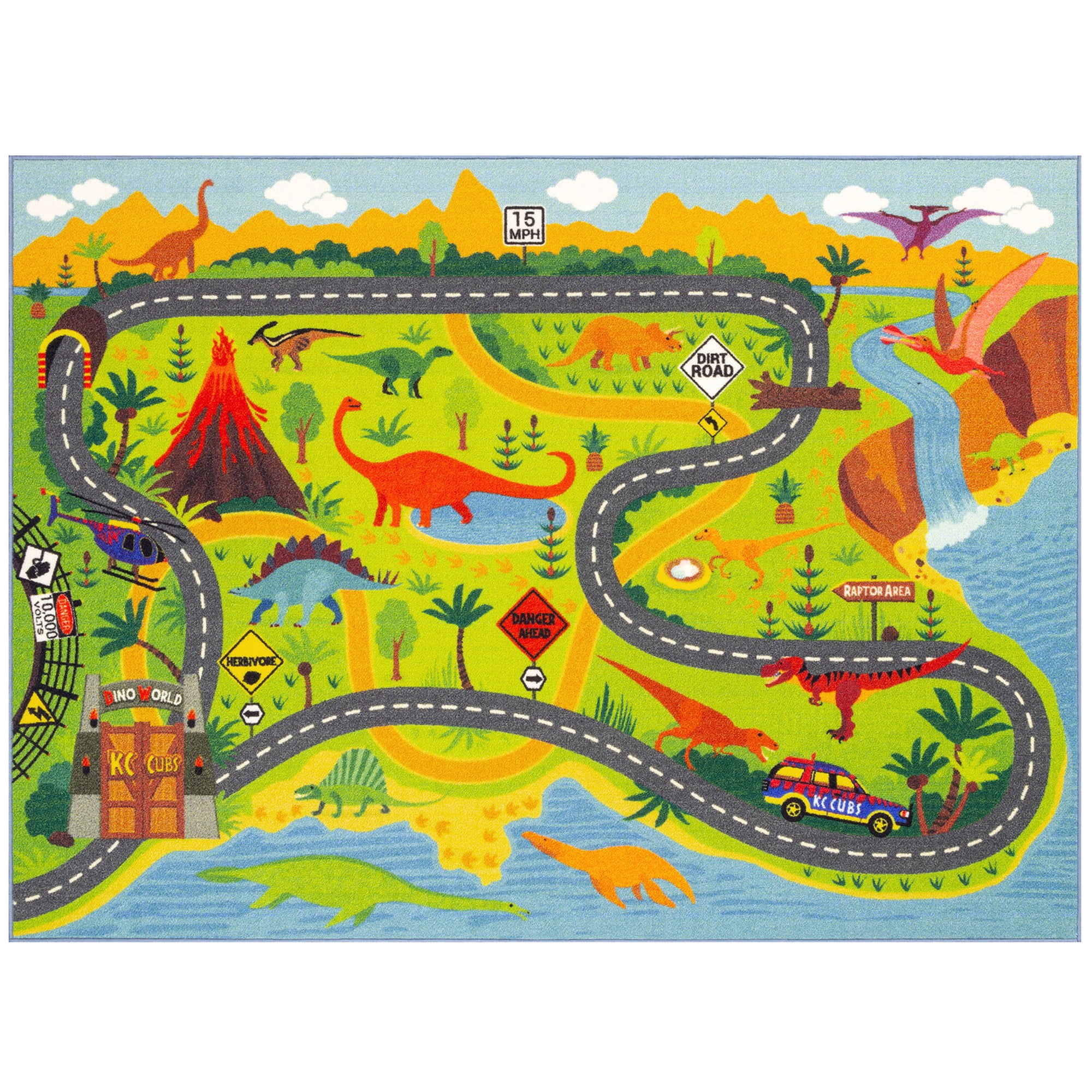 KC Cubs: Educational Rug: Dinosaur World Safari Road Map - 3x5' Playmat - Interactive Play, Activity Area Carpet, Bedroom-Classroom, Baby-Toddler-Kids