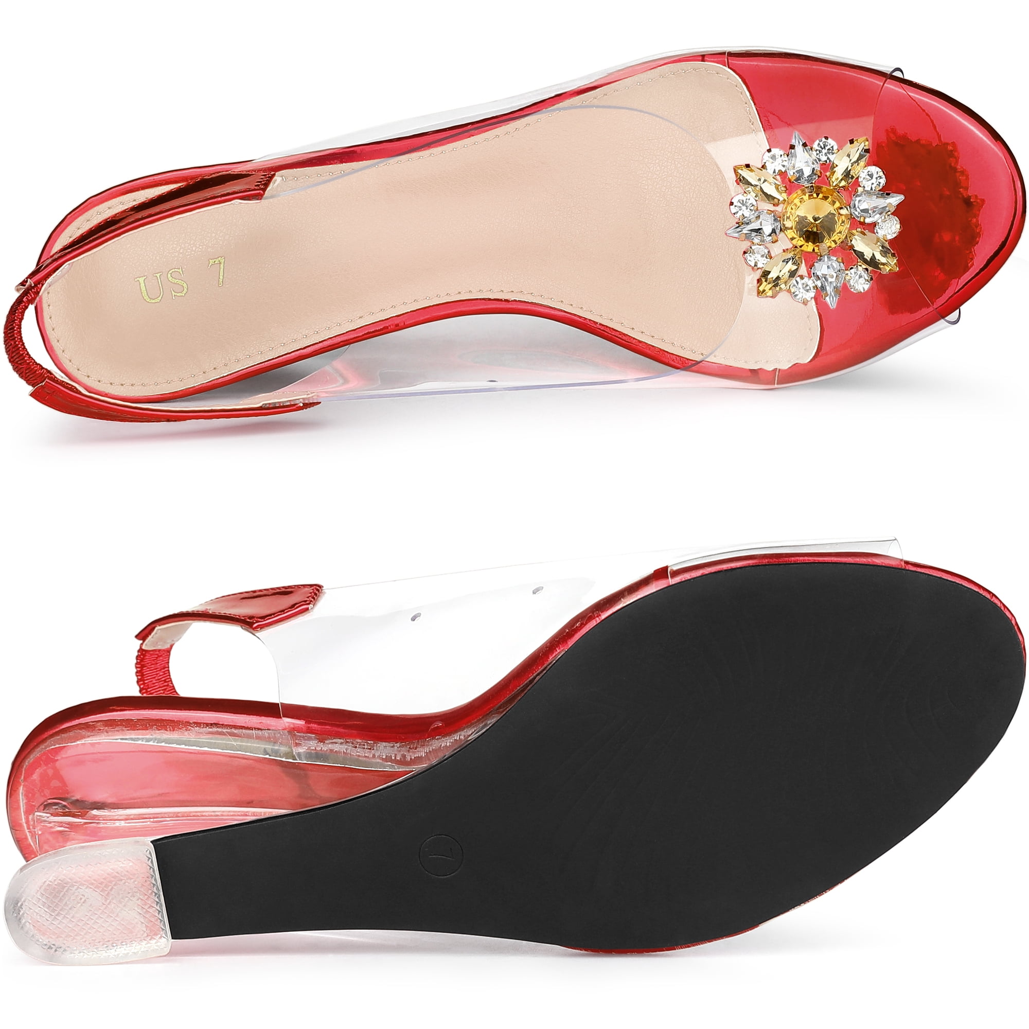 DARING DIVA Women's Clear Slingback Wedges Rhinestone Peep Toe Heels Red 8