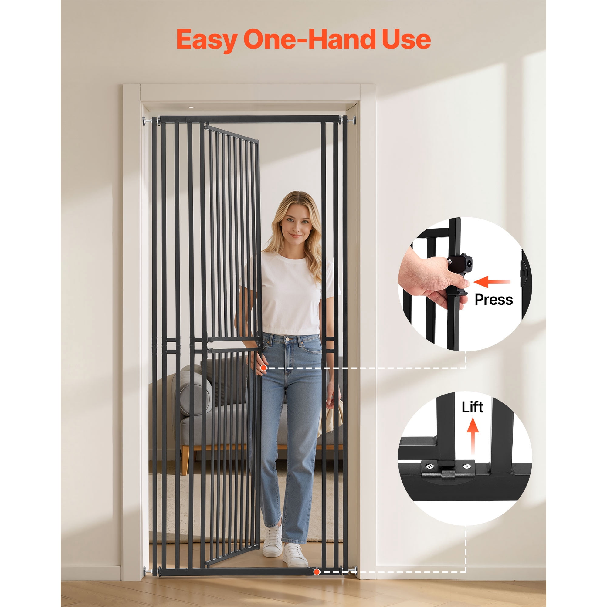KFFKFF Extra Tall Pet Gate for Cats, Adjustable Width 28-34 in, 78.7 in High Dog Gate, Includes Pressure and Wall Mount Kits, 1.2 in Narrow Bar Spacing, Suitable for Stairs, Doorways, White