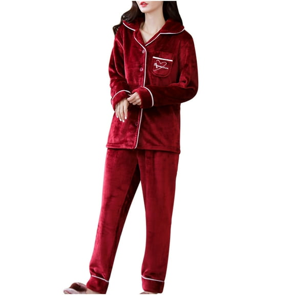 Lindreshi Pj Sets for Woman Ladies Fashion Flannel Print Pocket Long Sleeve  Long Pants Pajama Suit