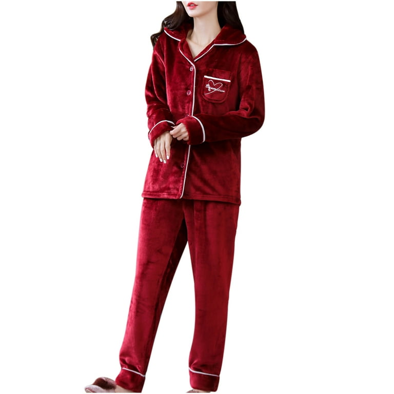 RQYYD Clearance Winter Warm Fleece Plush Pajamas Set for Women Super Soft  Flannel Lounge Homewear Lapel Button Down Tops and Pant Sleepwear Set(Red,XL)  