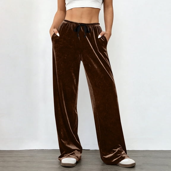 Neewe Velvet Pants for Women Women Casual Wide Leg Pants Stretchy High Waisted Velour Palazzo Pants