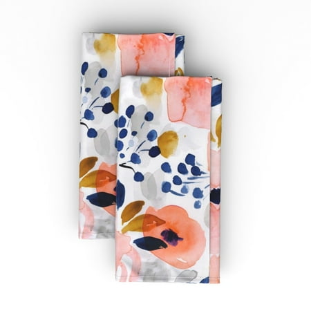 

Cotton Sateen Dinner Napkins (Set of 2) - Floral Watercolor Coral Blush Pink Navy Mustard Girly Print Cloth Dinner Napkins by Spoonflower